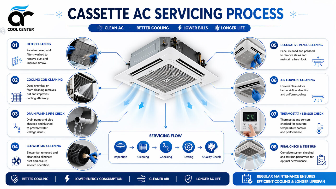 Cassette AC servicing process steps by AR Cool Center Delhi — filter cleaning, coil cleaning, drain pump check, final test run